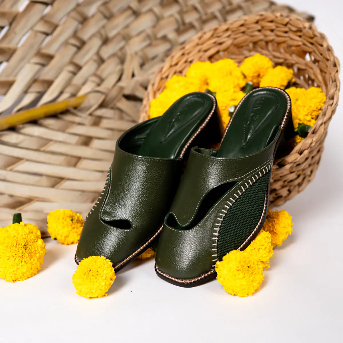 Begum Mule in Olive with 2-inch heel by Suvaa